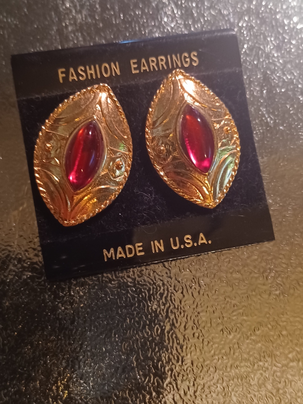 Gold-Tone Earrings with Red Cabochon - Fashion Earrings